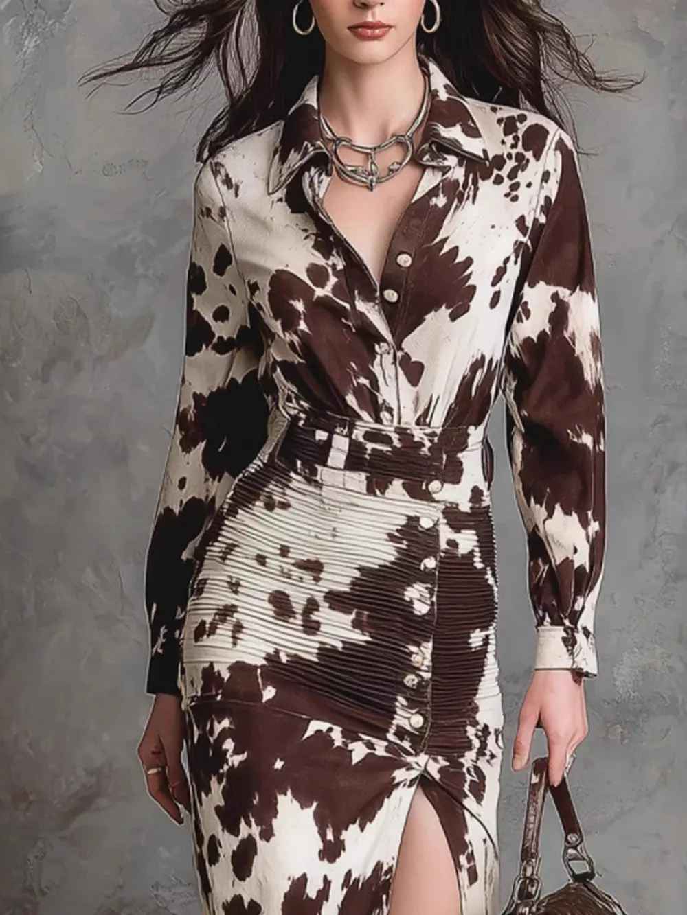 Cow Print Ruched Slit Shirt Maxi Dress, image 2