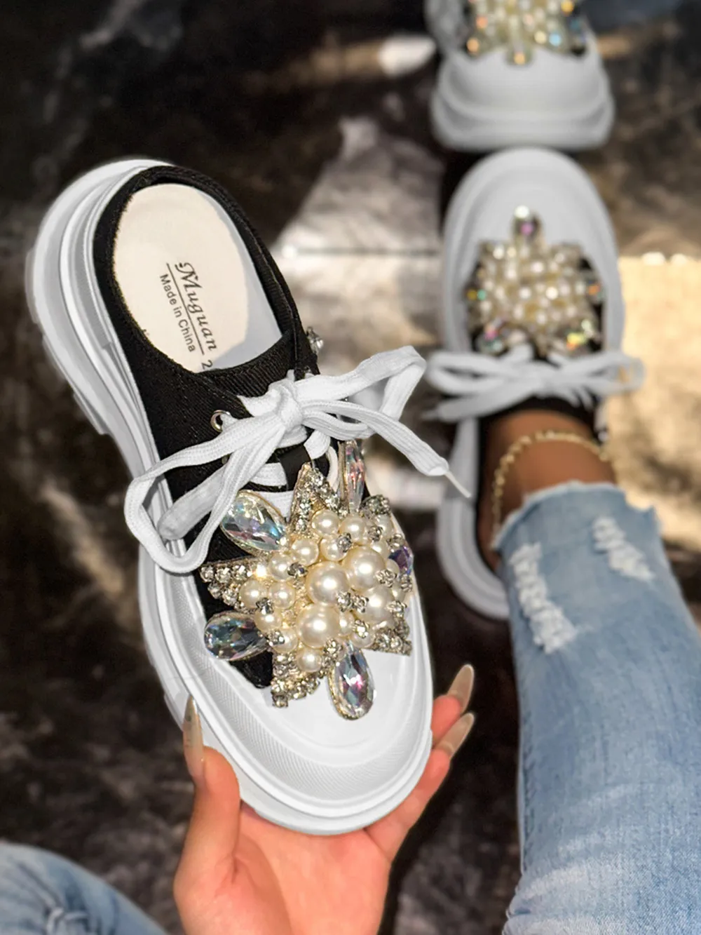 Pearl Embellished Platform Slip-Ons, image 3