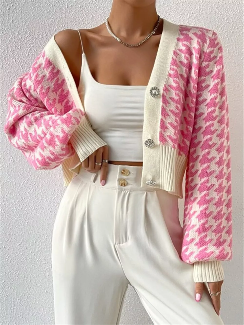 Houndstooth V-Neck Button Up Cardigan, image 6
