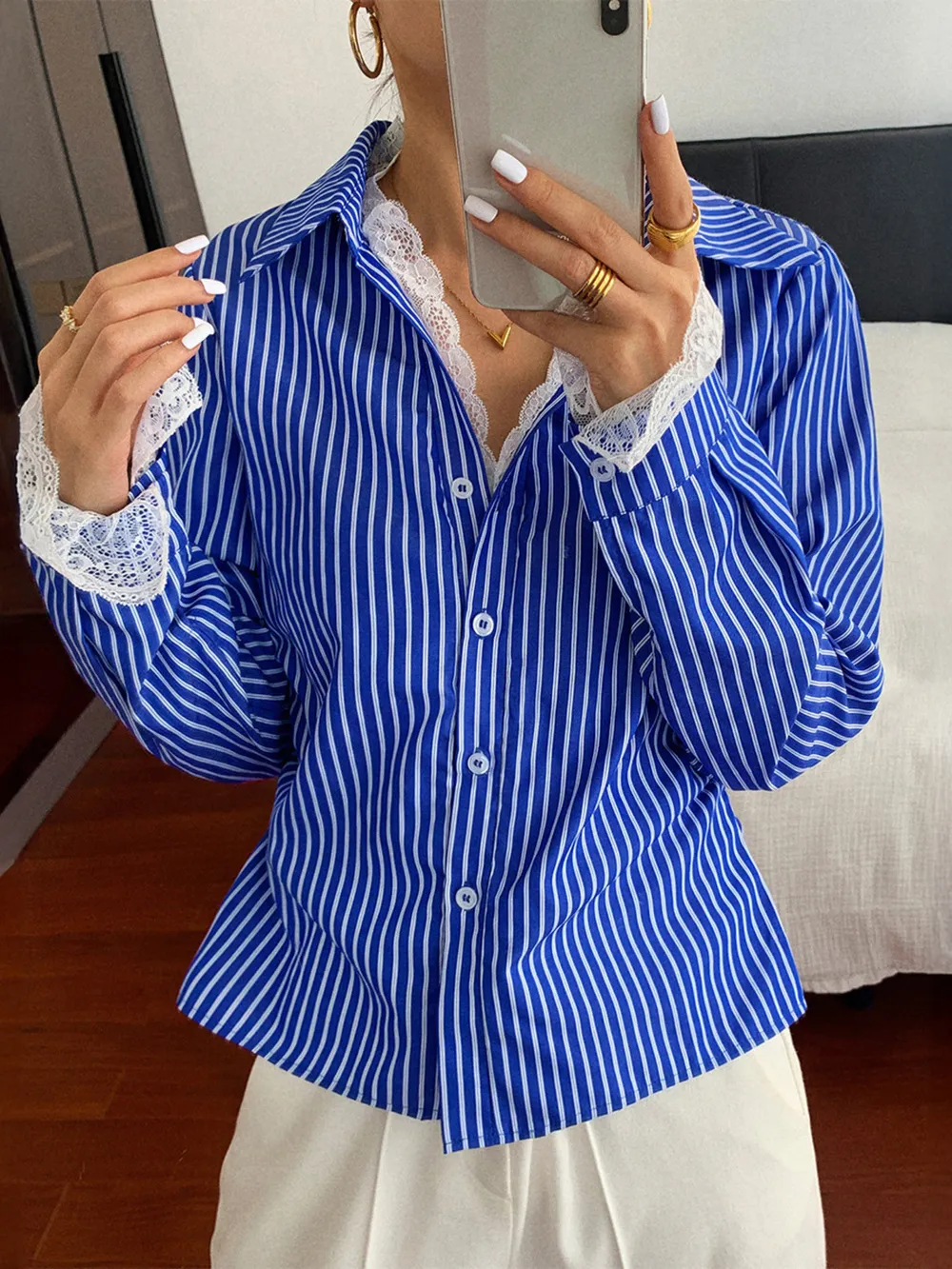 Striped Button-Down Shirt with Lace Detail