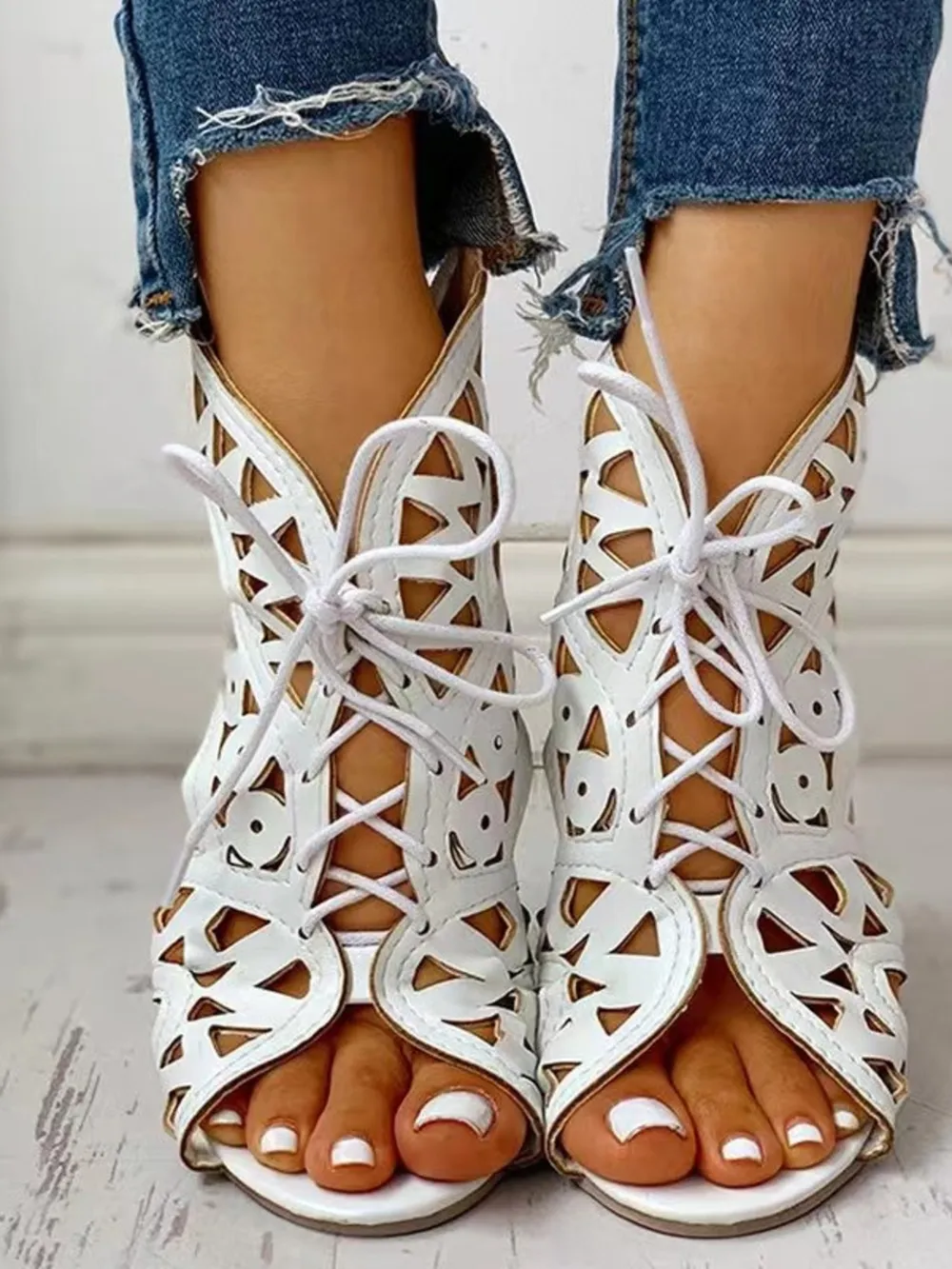 Lace-Up Geometric Cutout Sandals, image 5