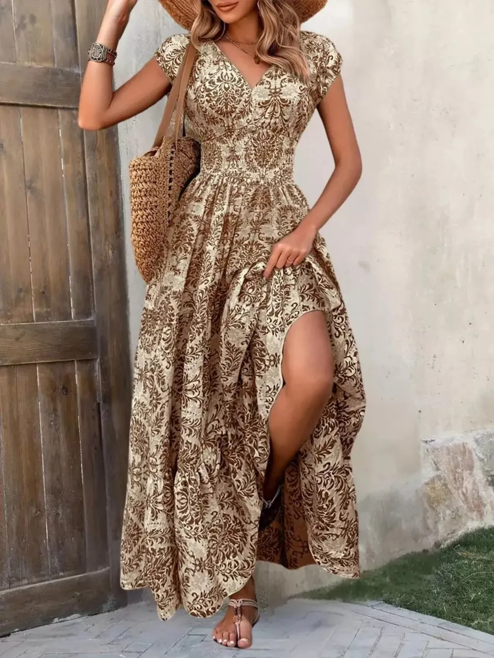 Printed Cap Sleeve Maxi Dress, image 5