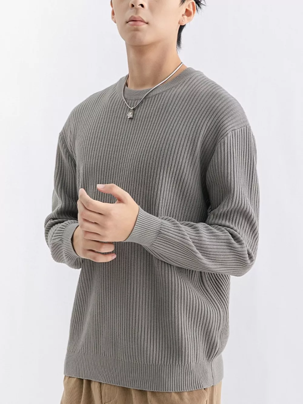 Men's Plus Size Ribbed Knit Crew Neck Sweater, image 8