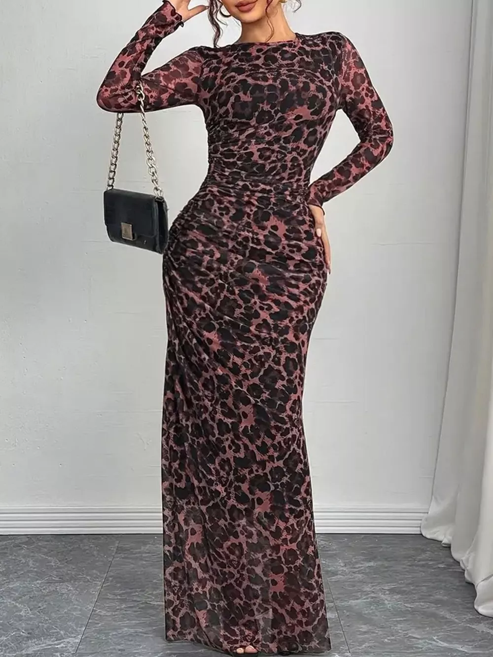 Leopard Ruched Bodycon Maxi Dress, image 3
