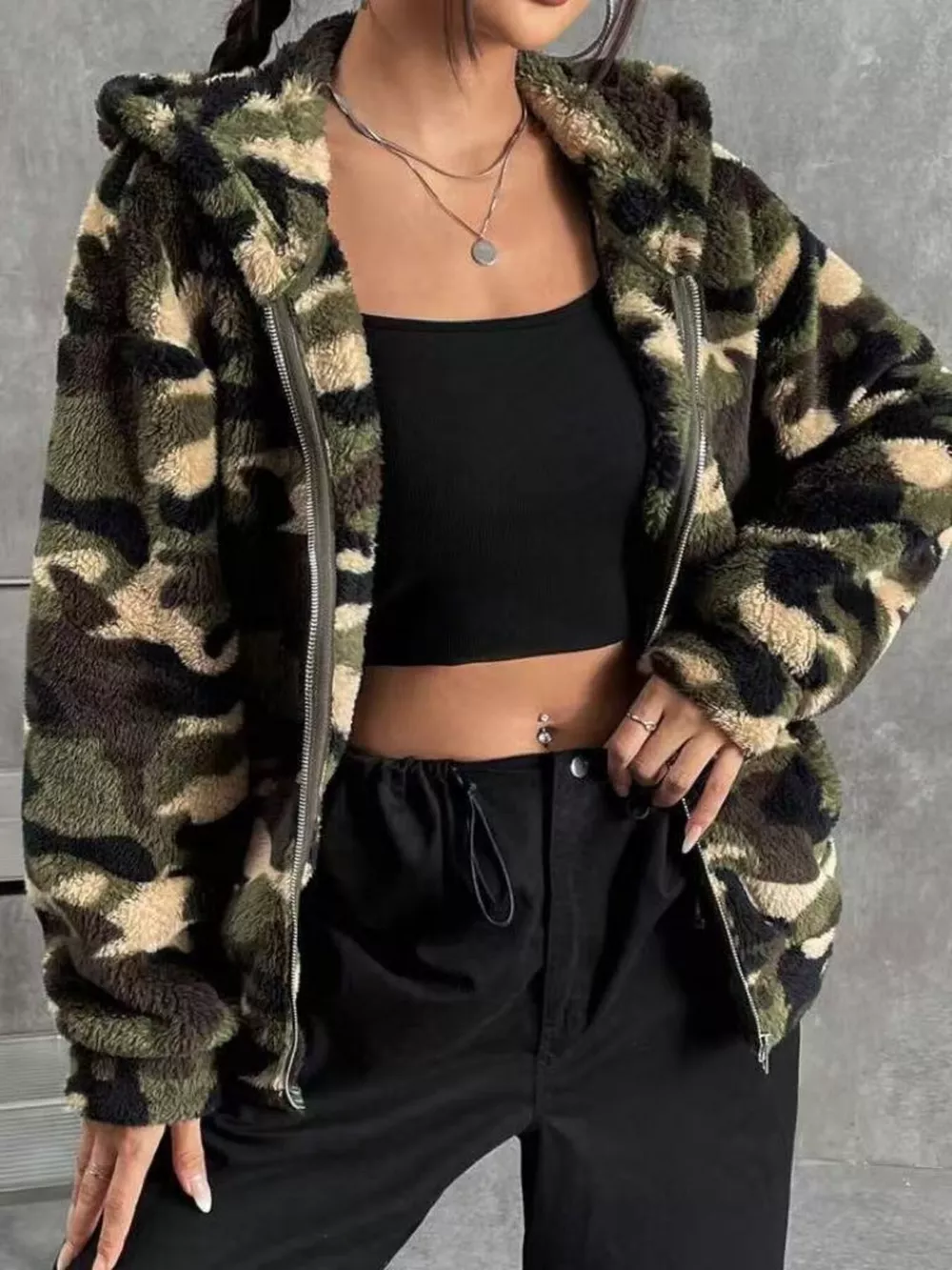 Fuzzy Camo Zip-Up Hoodie, image 3