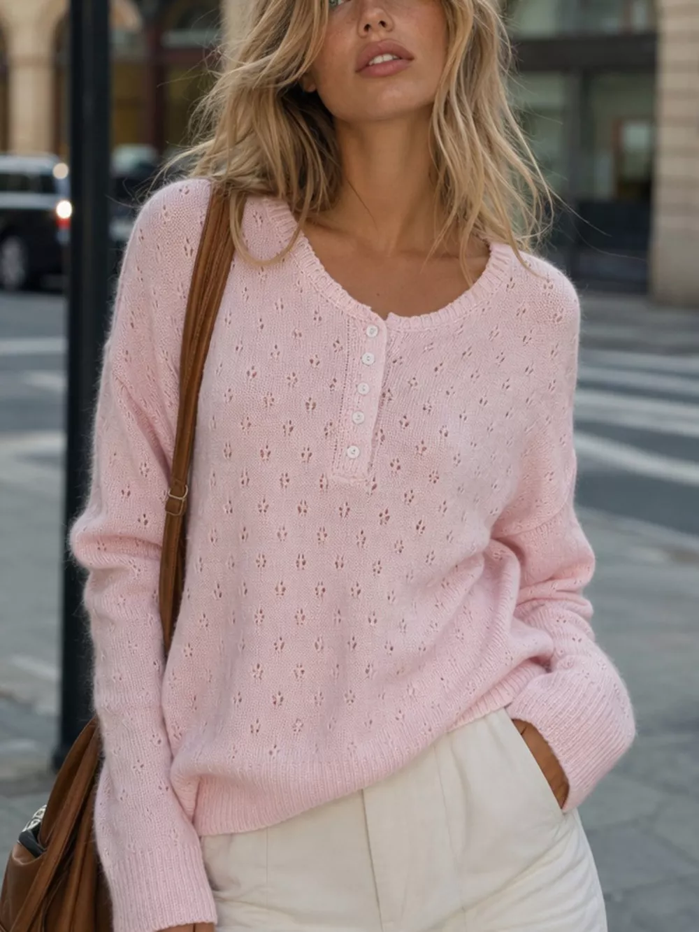 Pointelle Button-Front Round Neck Knit Top, image 17