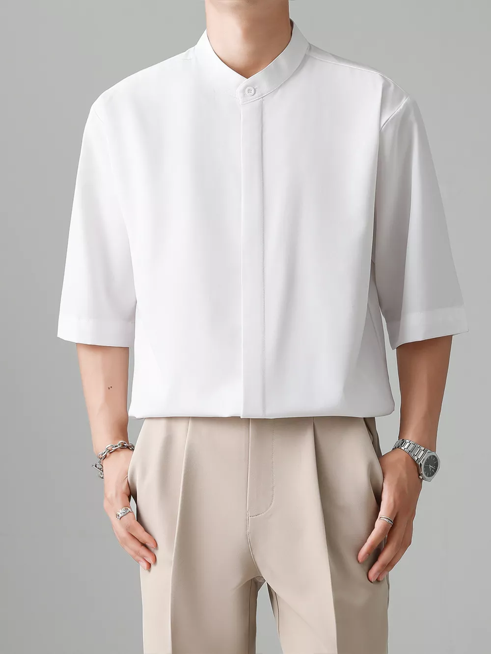 Men's Full Size Casual Mandarin Collar Half Sleeve Shirt Plus Size, image 3
