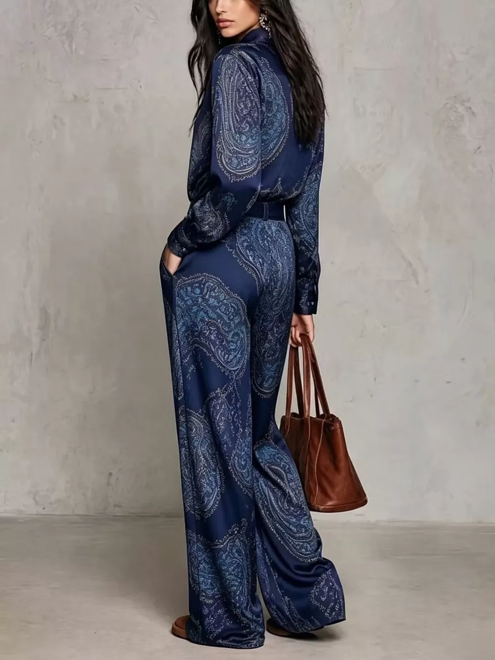 Paisley Print Long Sleeve Shirt and Wide-Leg Pants Set, image 11