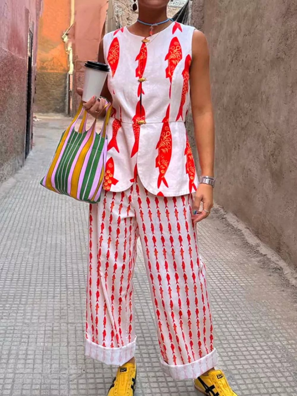 Fish Print Sleeveless Top and Pants Set, image 6