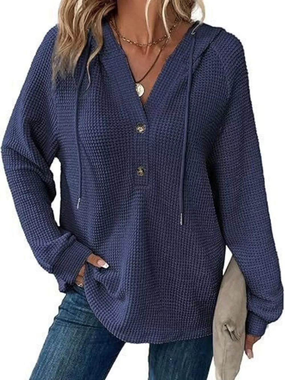 Full Size Waffle Knit Half-Button Hoodie Plus Size, image 8