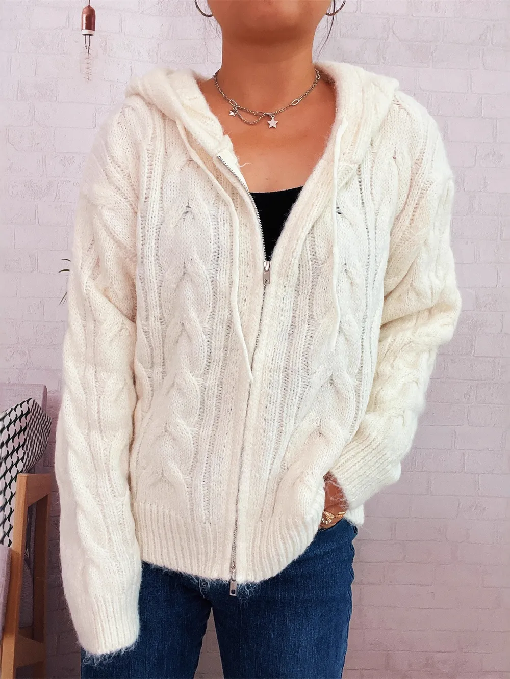 Cable Knit Hooded Zip-Up Cardigan, image 7
