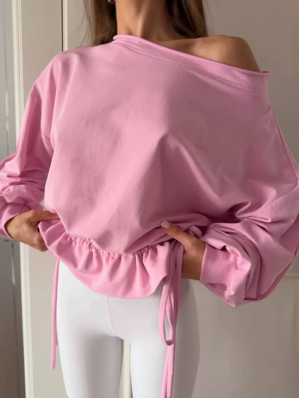 Ruffled Hem One Shoulder Sweatshirt, image 2