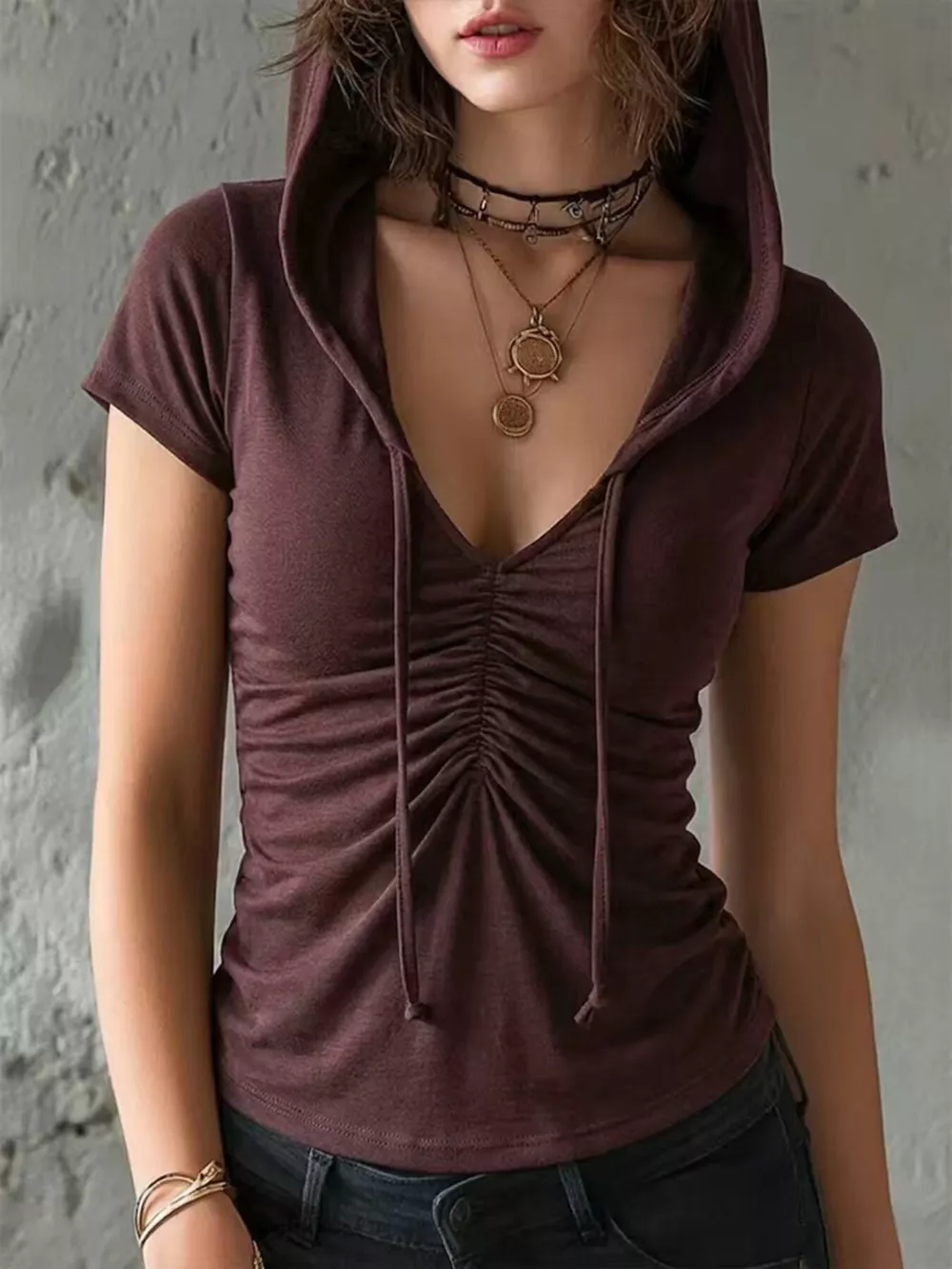 Ruched Short Sleeve Hooded T-Shirt, image 7