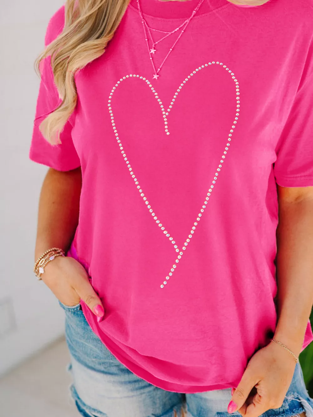 Rhinestone Heart Graphic Crew Neck Valentines Tee, image 2
