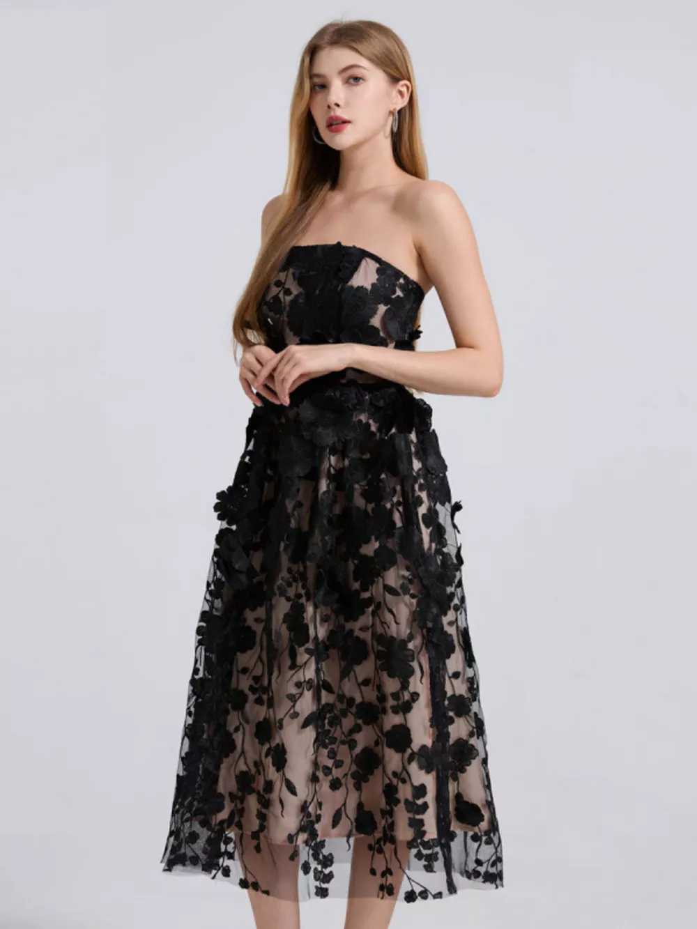Floral Applique Strapless Midi Dress, image 2