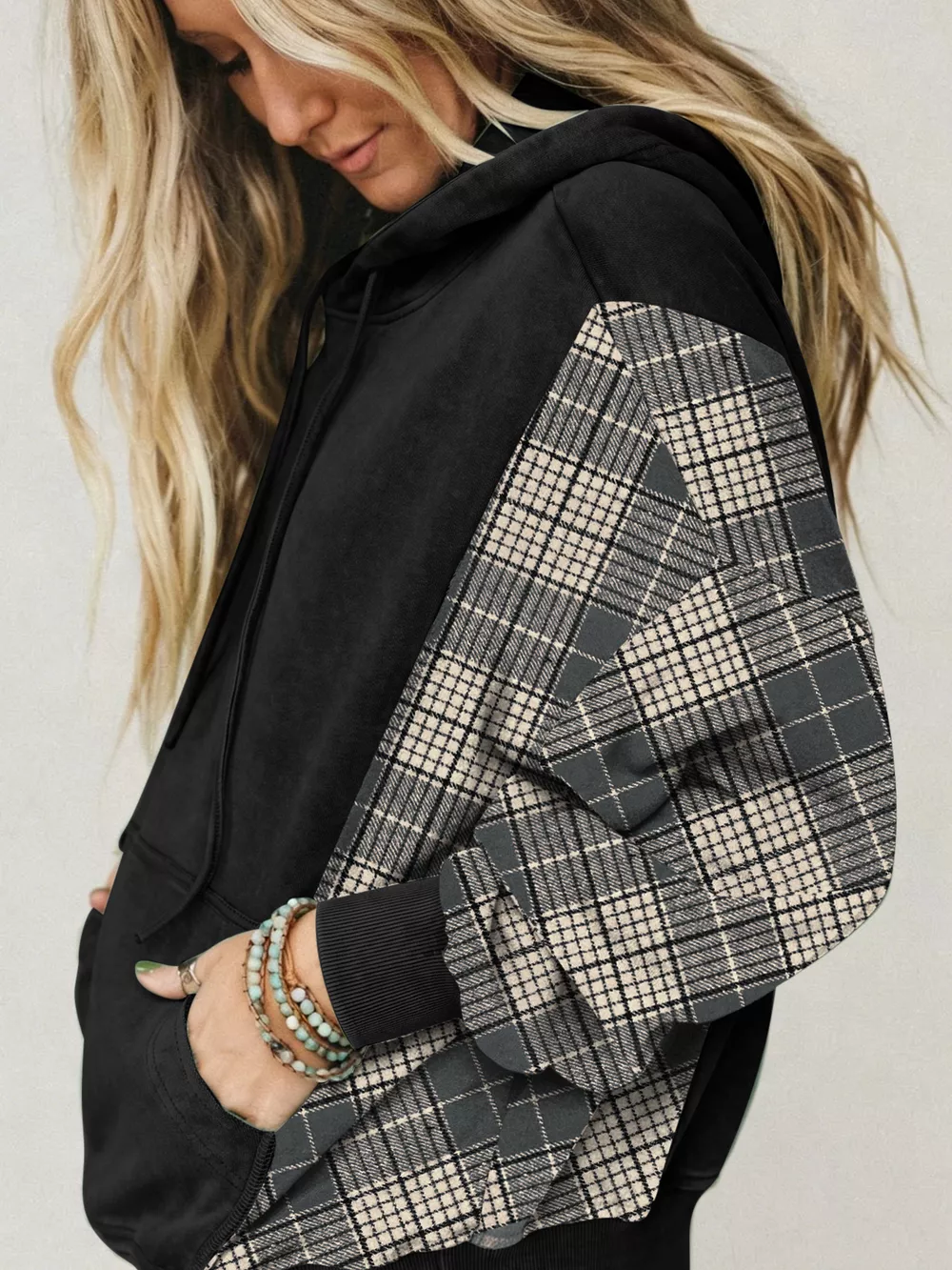 Plaid Sleeve Drawstring Pocket Hoodie, image 20