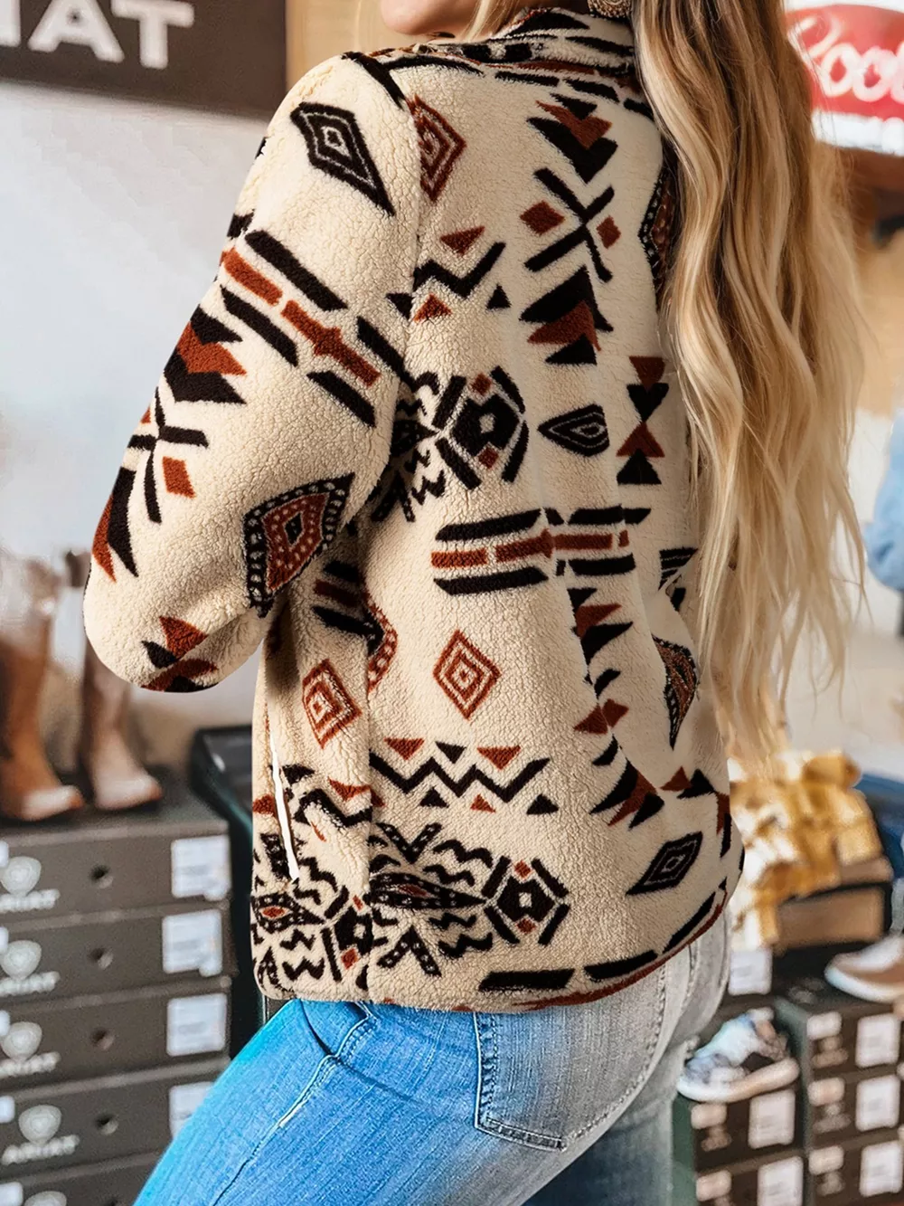 Western Aztec Half Zip Plush Sweatshirt, image 4