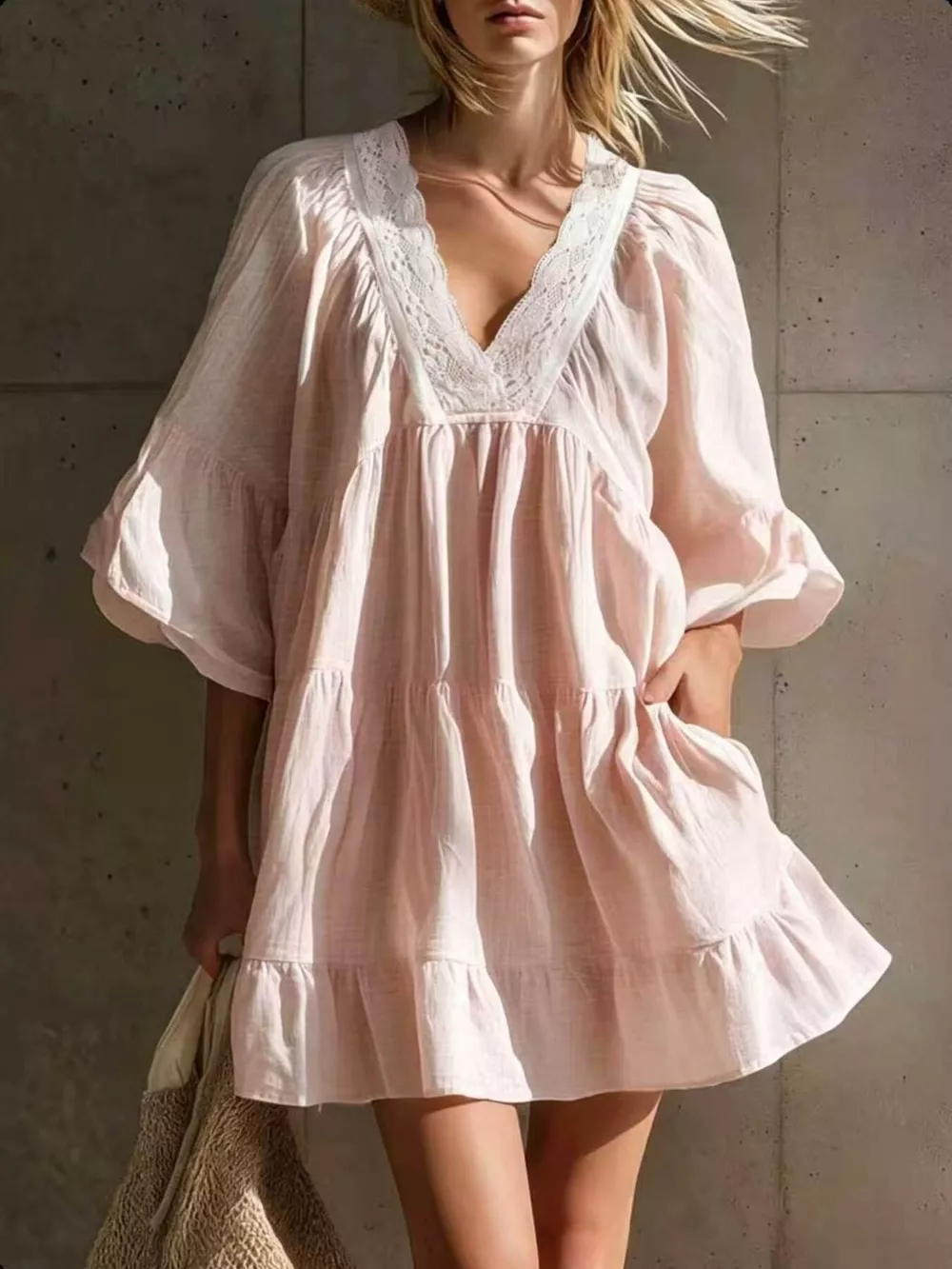 Full Size Lace Trim Puff Sleeve Mini Dress Plus Size, image 5
