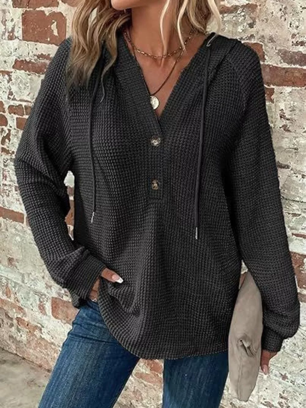 Full Size Waffle Knit Half-Button Hoodie Plus Size, image 3