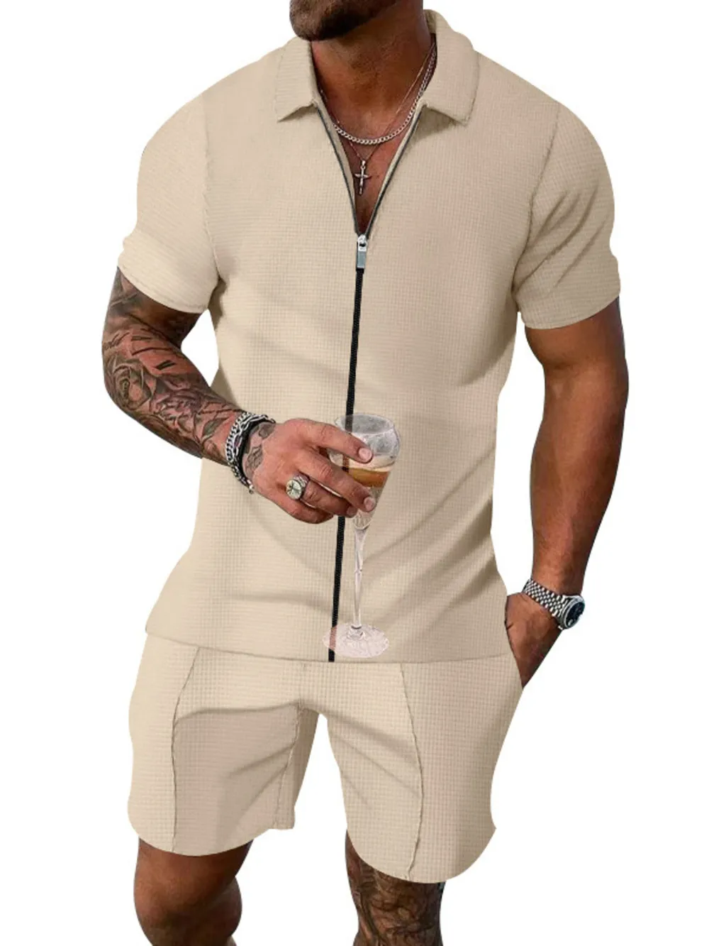 Men's Plus Size Zip Up Short Sleeve Top and Shorts Set, image 3