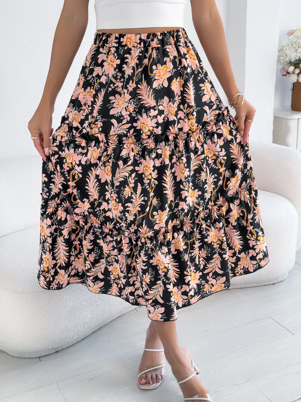Floral Print Ruffle Hem Flowy Midi Skirt, image 6