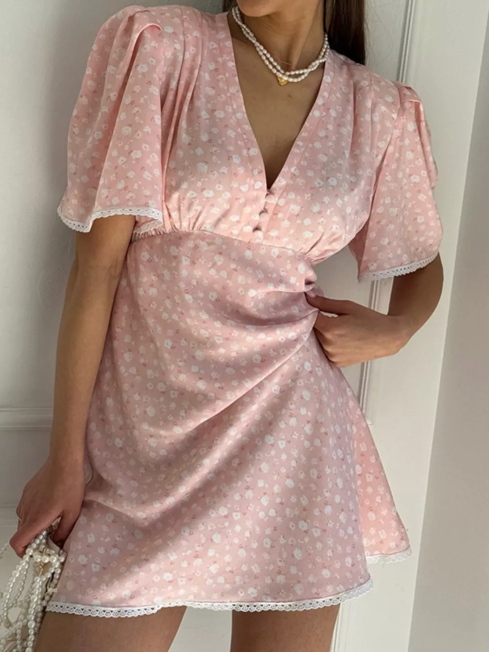 V-Neck Puff Sleeve Mini Dress with Lace Trim