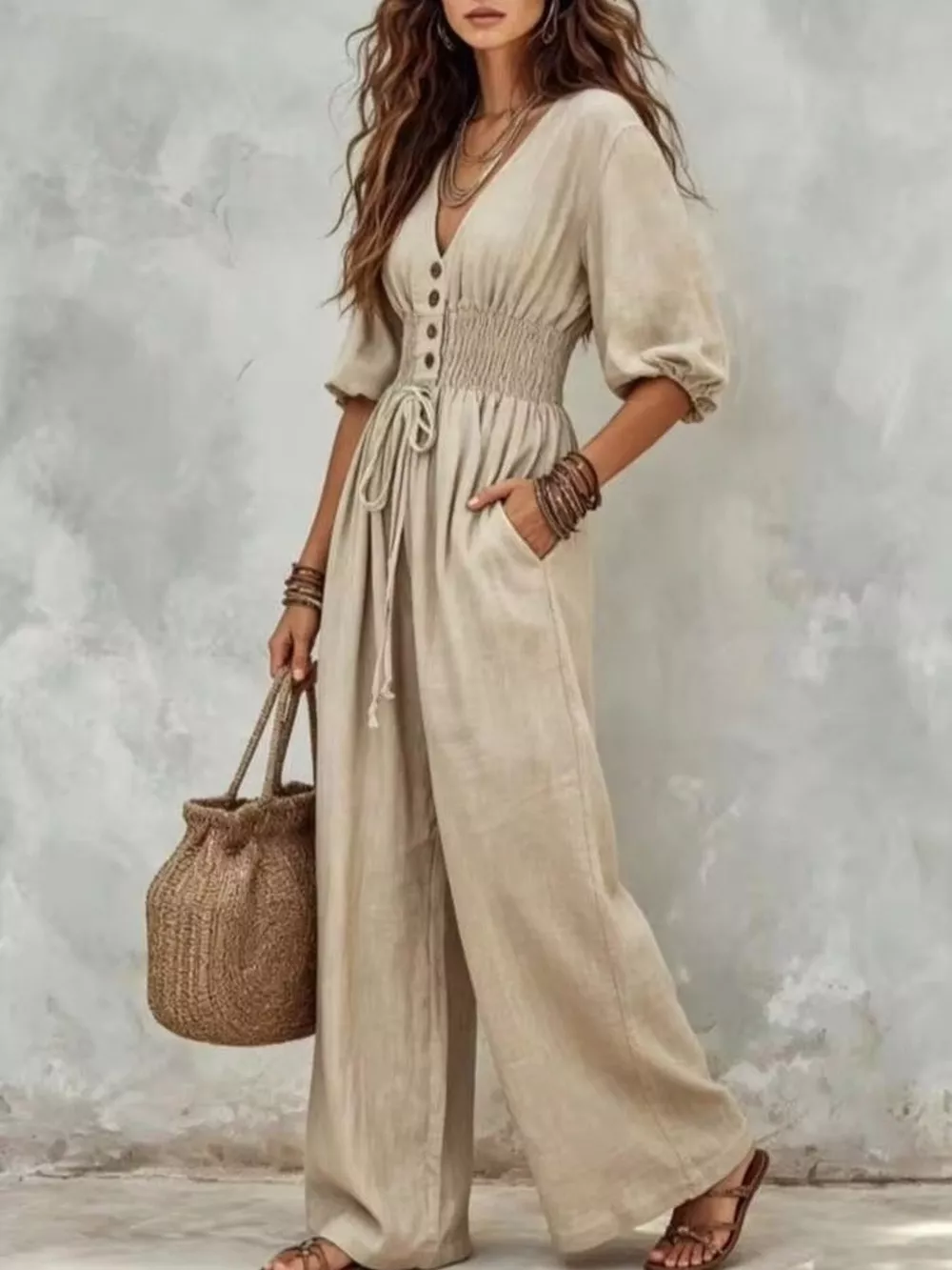 V-Neck Smocked Waist Wide-Leg Jumpsuit, image 5