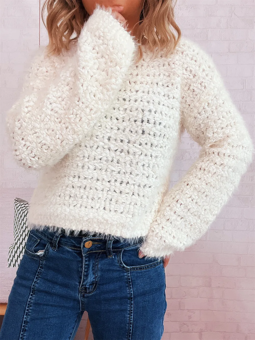 Crochet Round Neck Dropped Shoulder Sweater, image 19