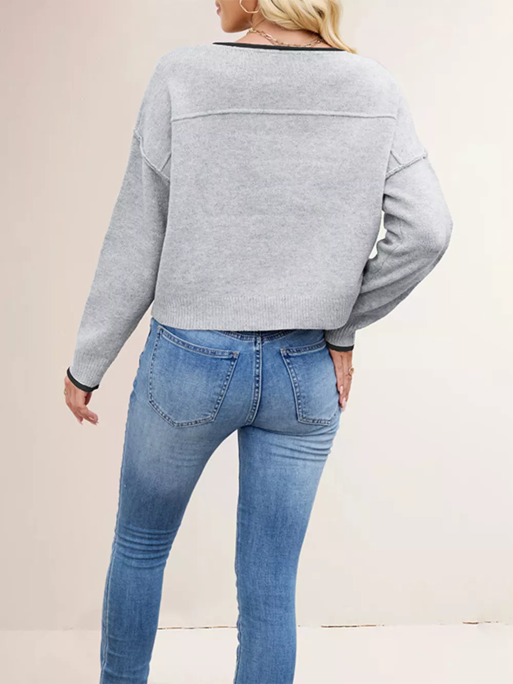 Contrast Trim Dropped Shoulder Sweater, image 2