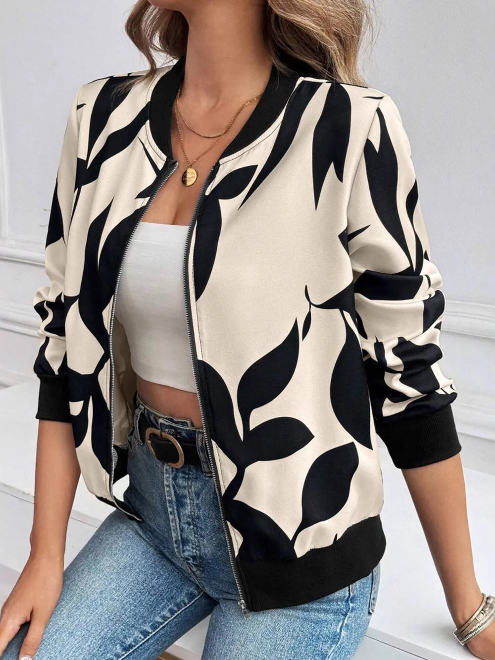Printed Zip Up Long Sleeve Jacket, image 4