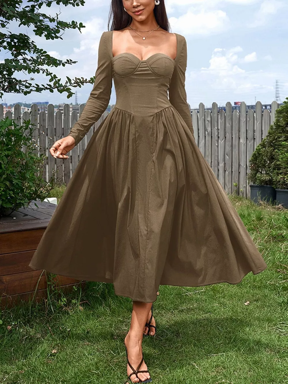 Sweetheart Neckline Long Sleeve A-Line Midi Dress, image 13