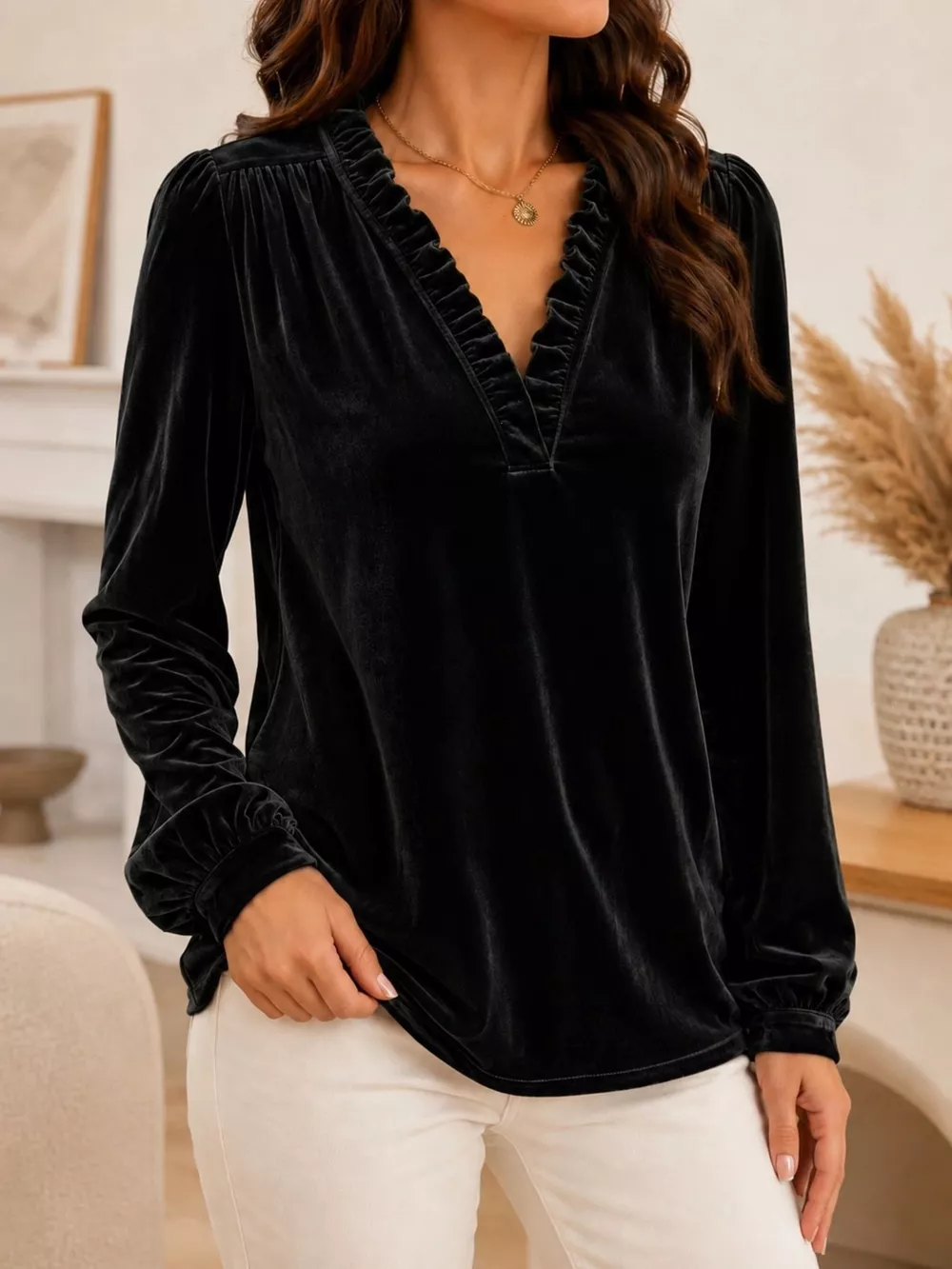 V-Neck Ruffle Trim Velvet Blouse, image 7