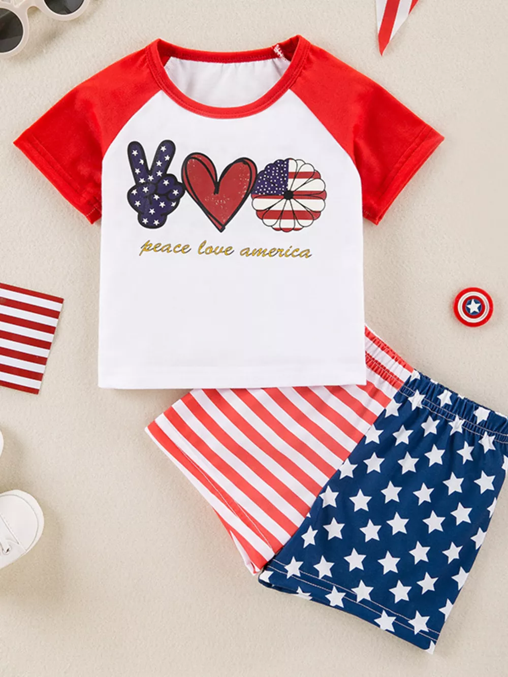 Children's Patriotic Peace Love America Tee and Shorts Set, image 2