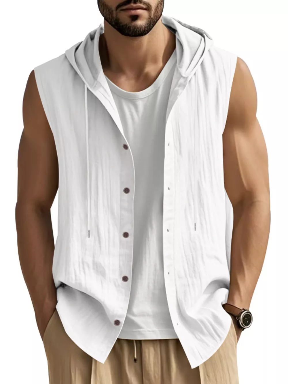 Men's Full Size Casual Sleeveless Hooded Button-Down Top Plus Size, image 4