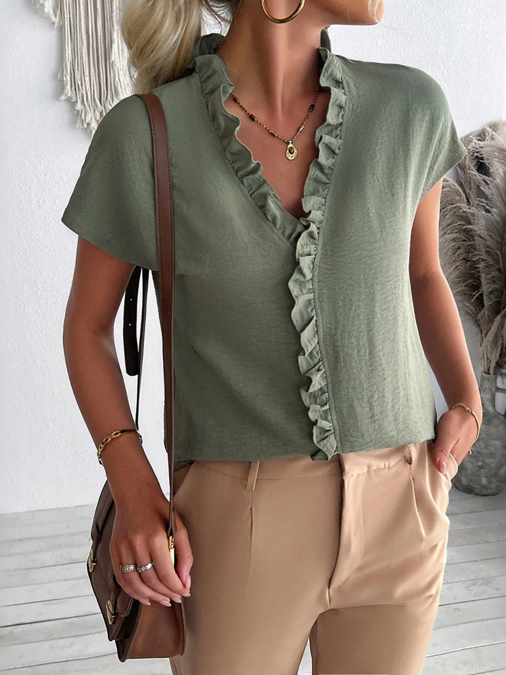 Ruffled V-Neck Short Sleeve Blouse, image 6