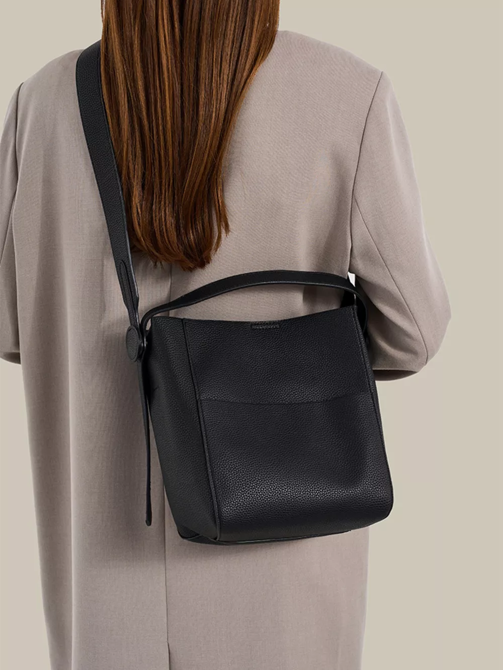 Minimalist Textured Leather Bucket Crossbody Bag