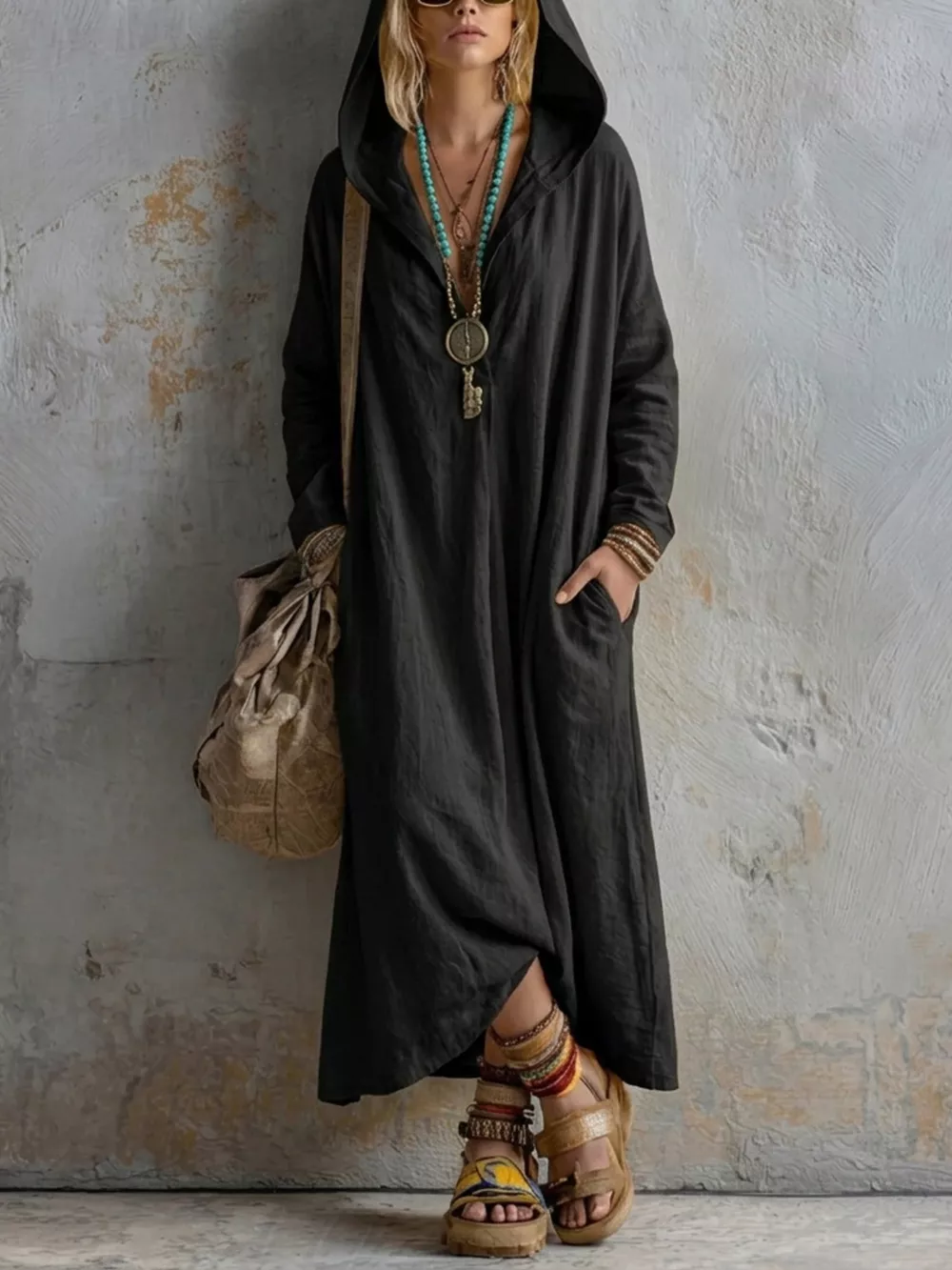 Long Sleeve Hooded Midi Dress with Pockets, image 4
