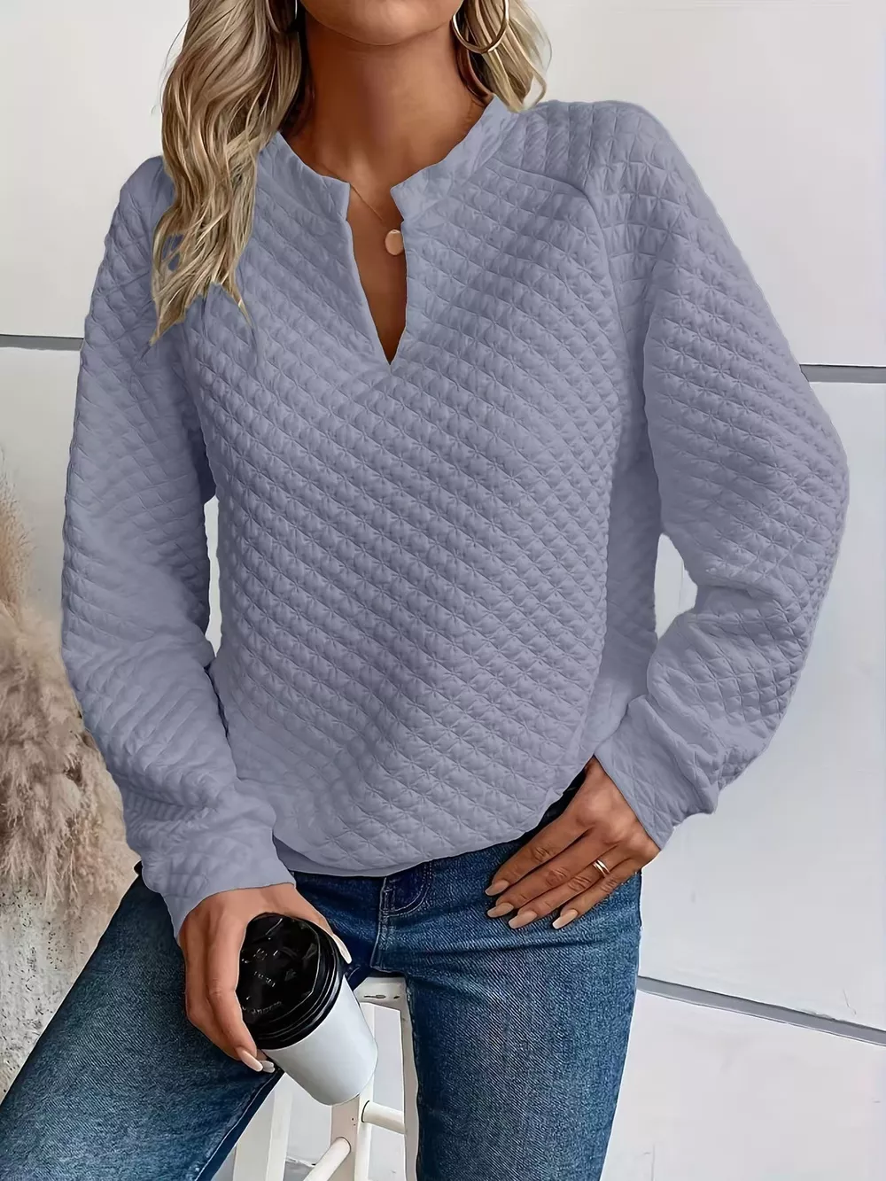 Quilted Texture Long Sleeve Sweatshirt with Notched Neck, image 15