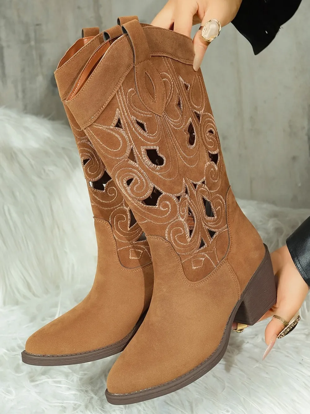 Western Cutout Pattern Block Heel Boots, image 6