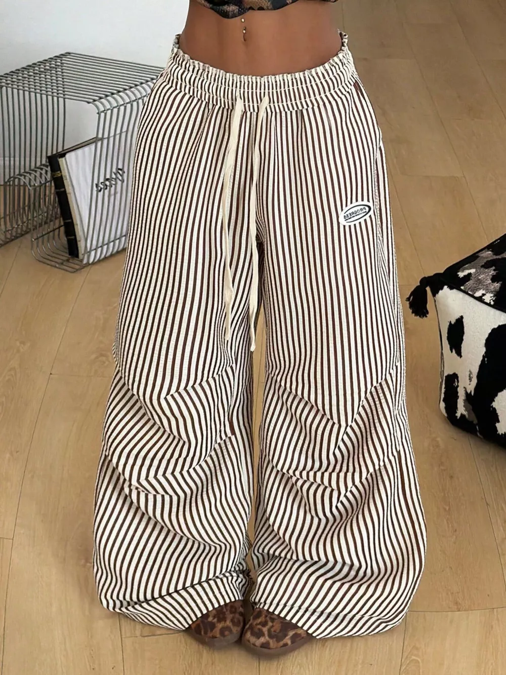 High-Waisted Striped Wide-Leg Cargo Pants with Drawstring, image 3
