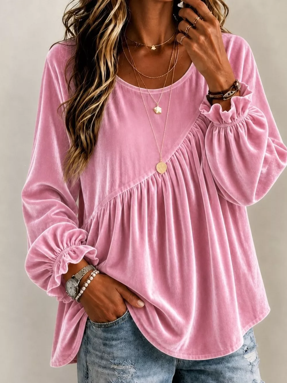 Full Size Velvet Round Neck Long Sleeve Blouse Plus Size, image 2