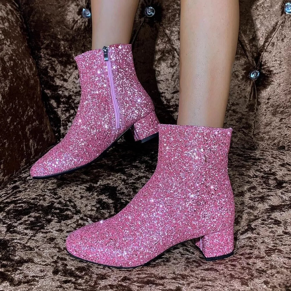 Sequin Round Toe Block Heels Boots, image 6