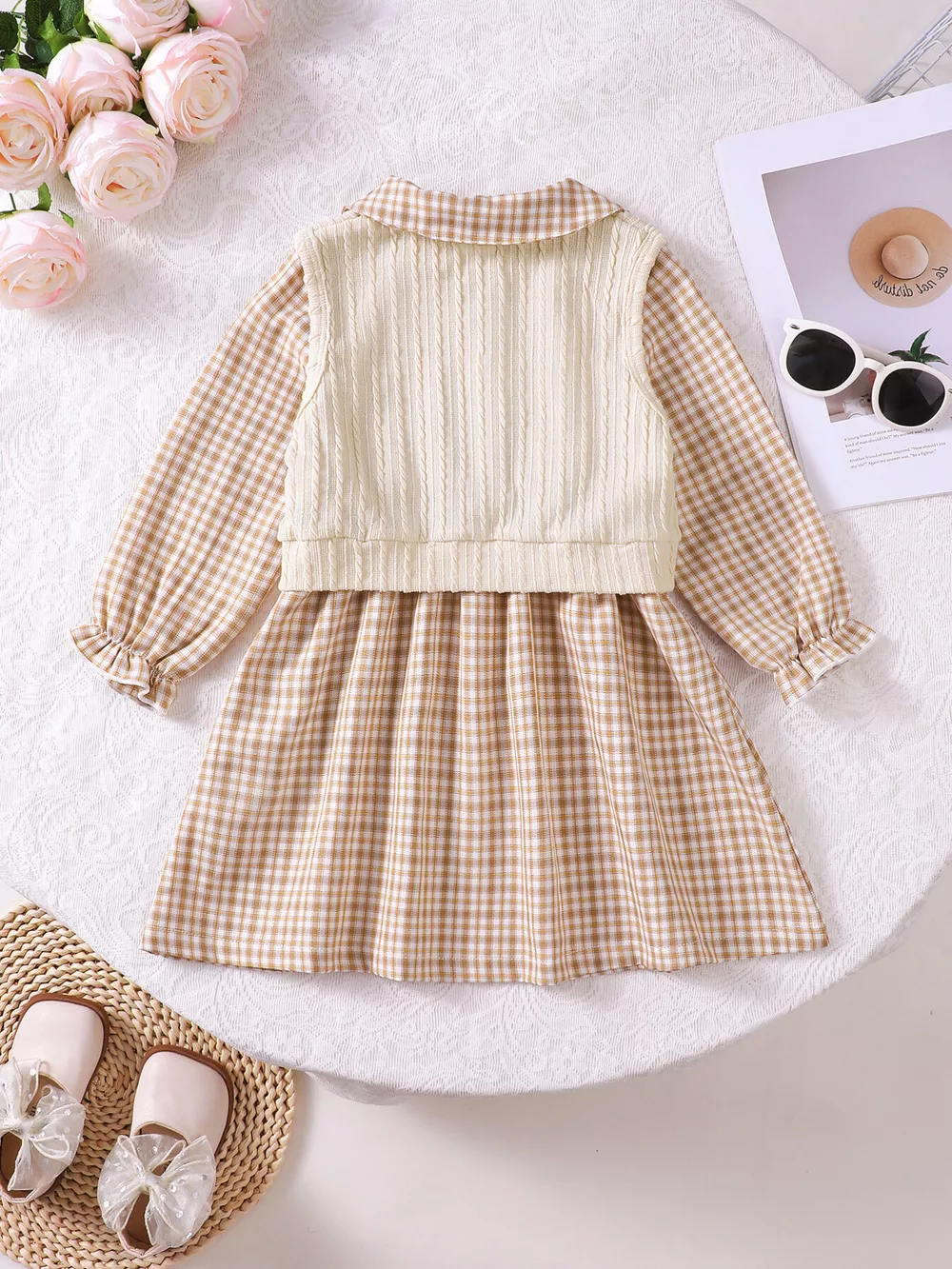 Children's Plaid Peter Pan Collar Dress and Knitted Vest Set, image 4