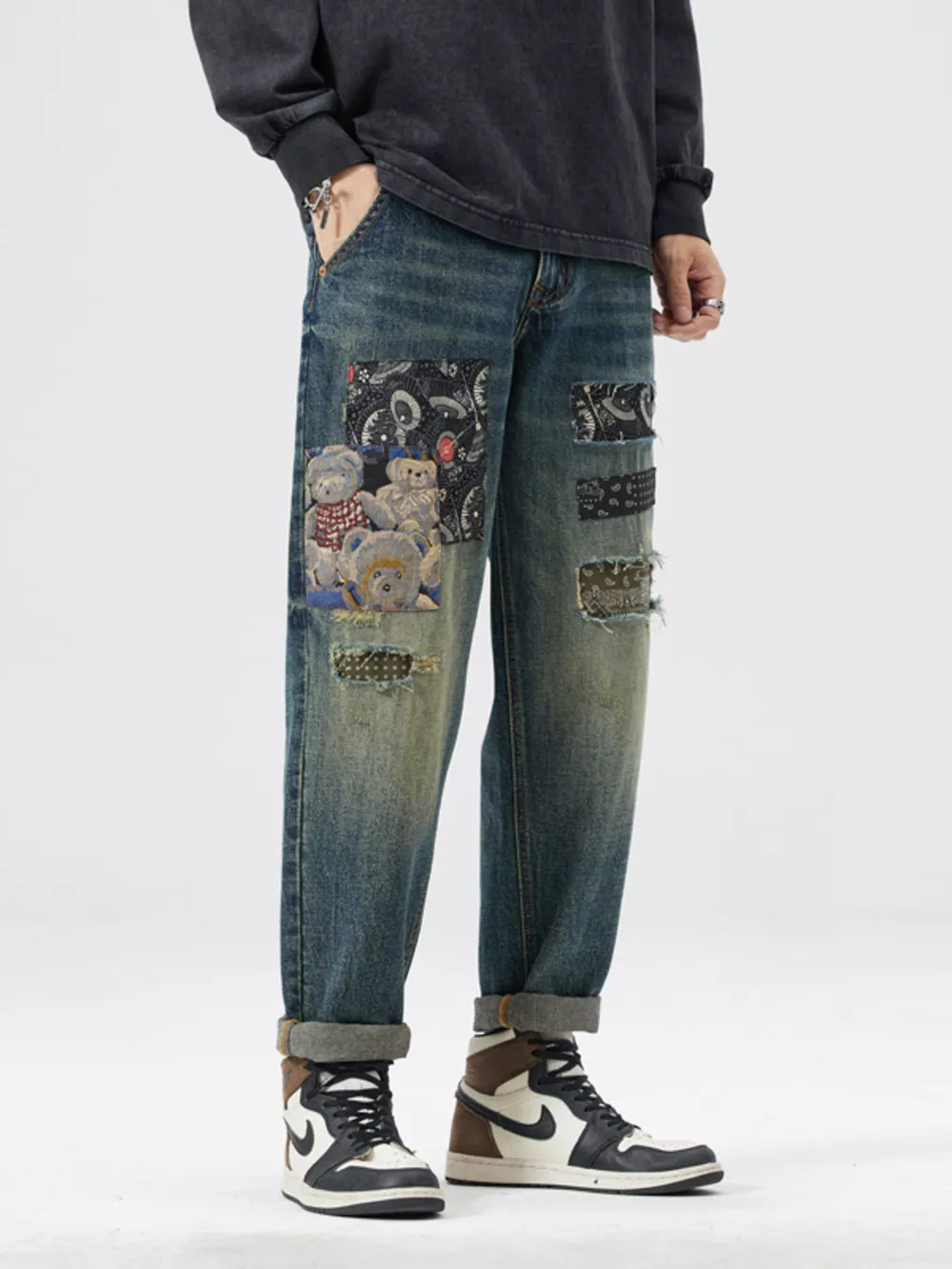 Men's Patchwork Ripped Loose Fit Jeans, image 2