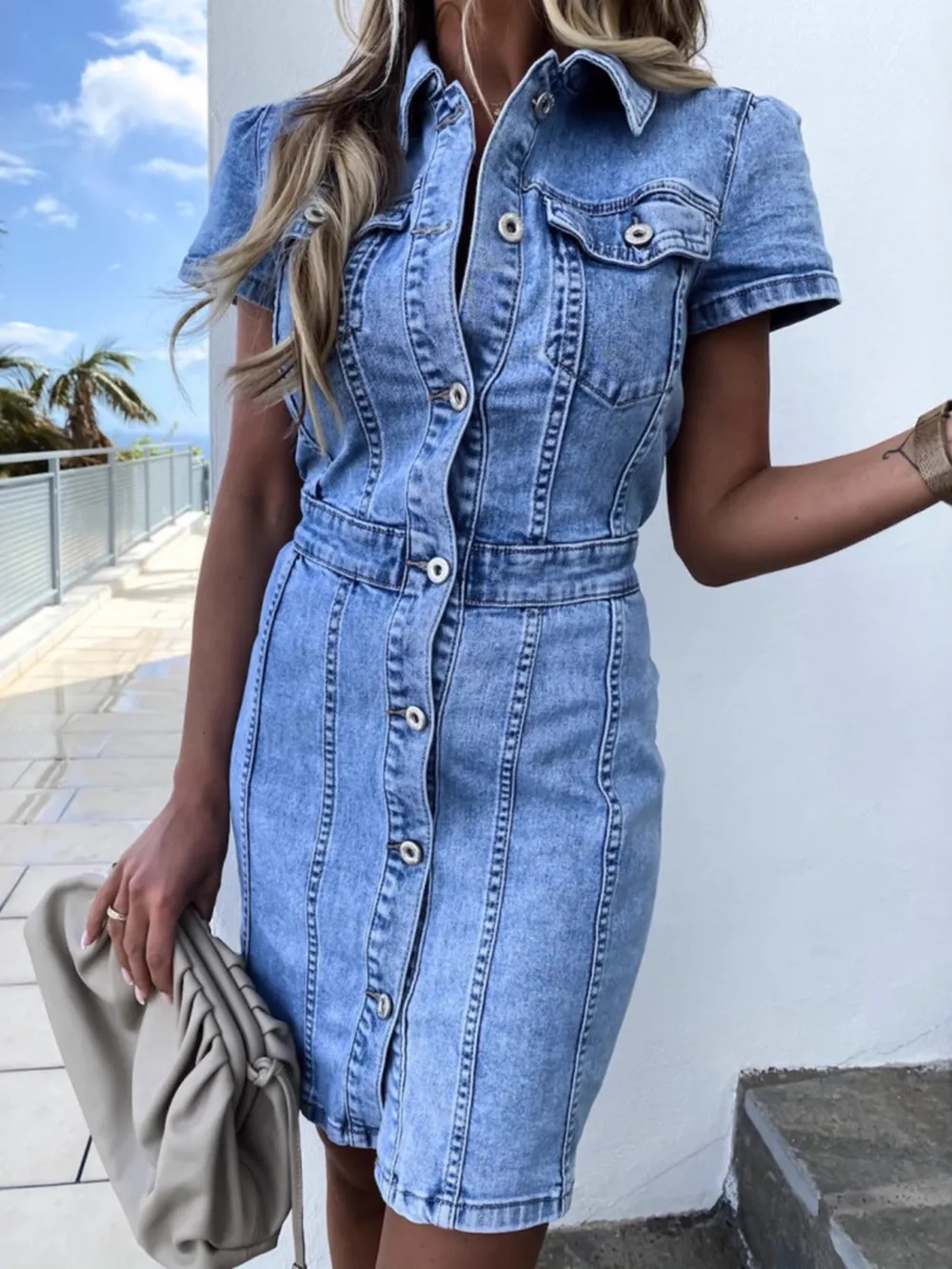 Button Front Short Sleeve Denim Dress, image 3