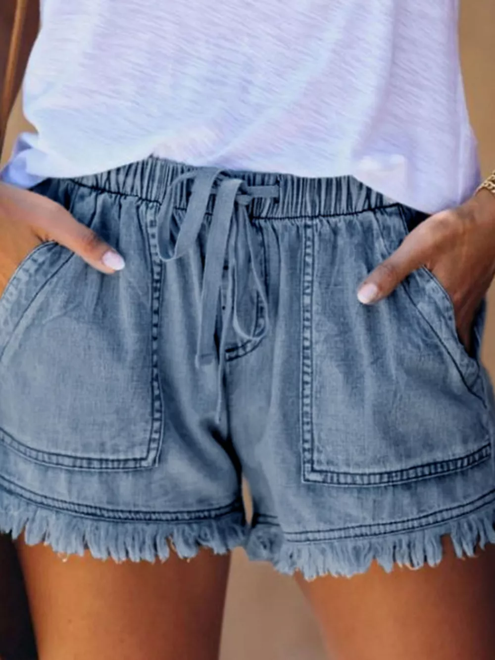 Full Size Drawstring Frayed Hem Denim Shorts Plus Size, image 7