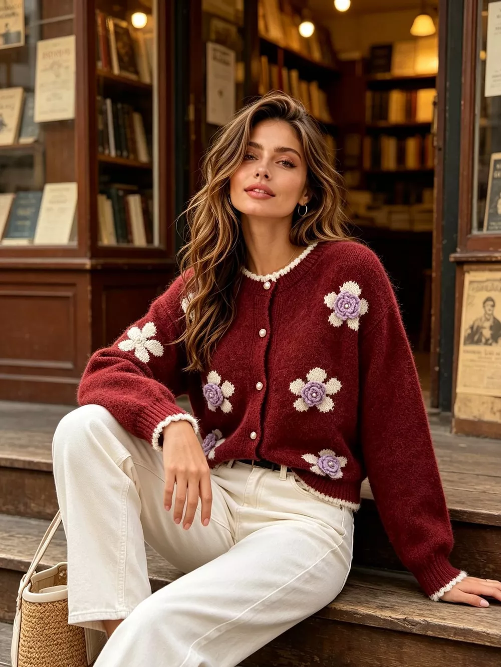 Floral Applique Button-Down Knit Cardigan, image 24