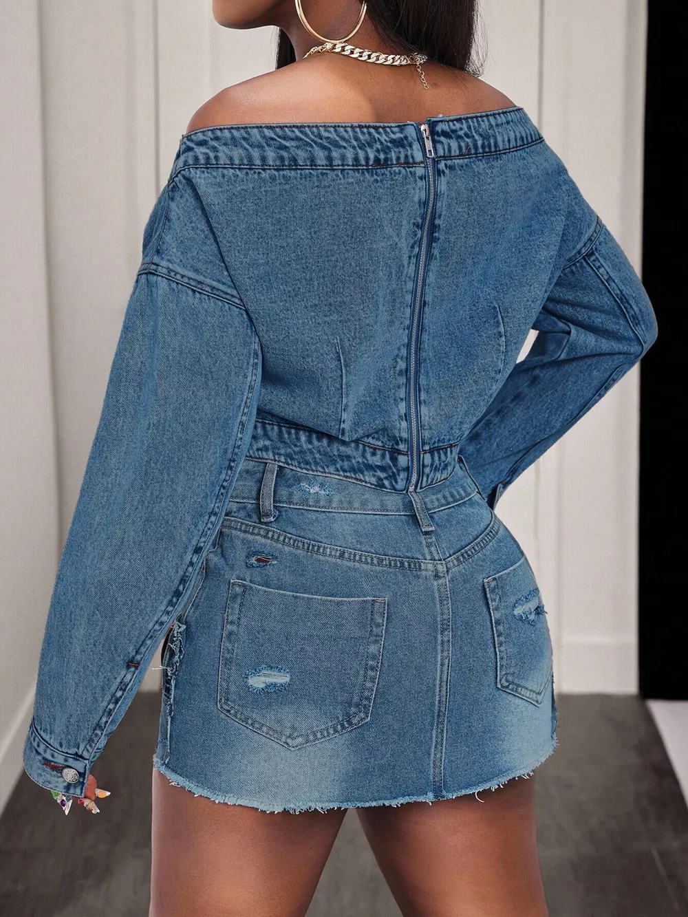 Off-Shoulder Long Sleeve Denim Top, image 6