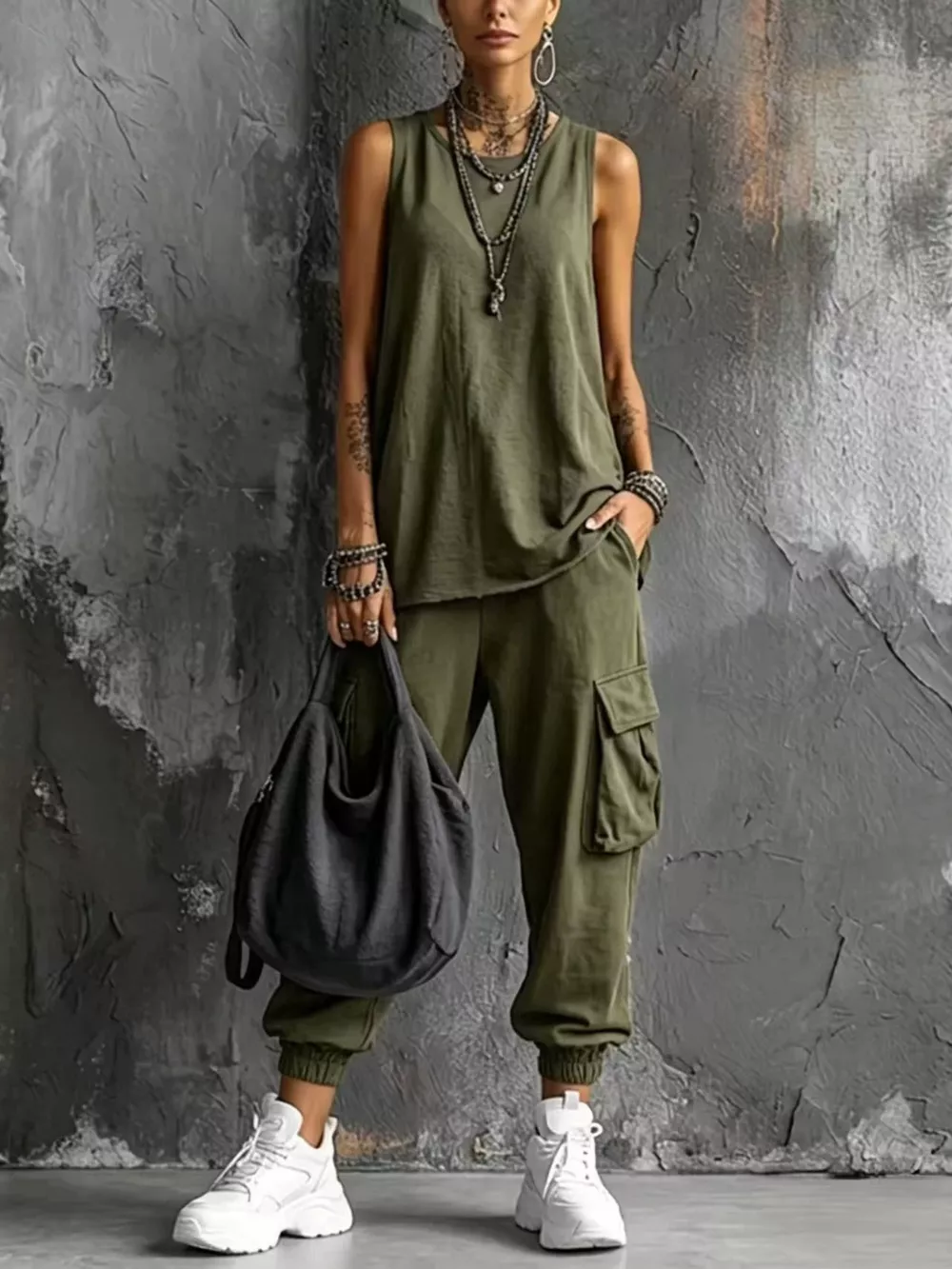 Full Size Casual Tank and Cargo Pants Set Plus Size, image 9