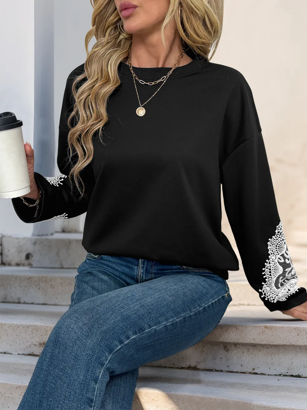 Lace Detail Long Sleeve Sweatshirt, image 3